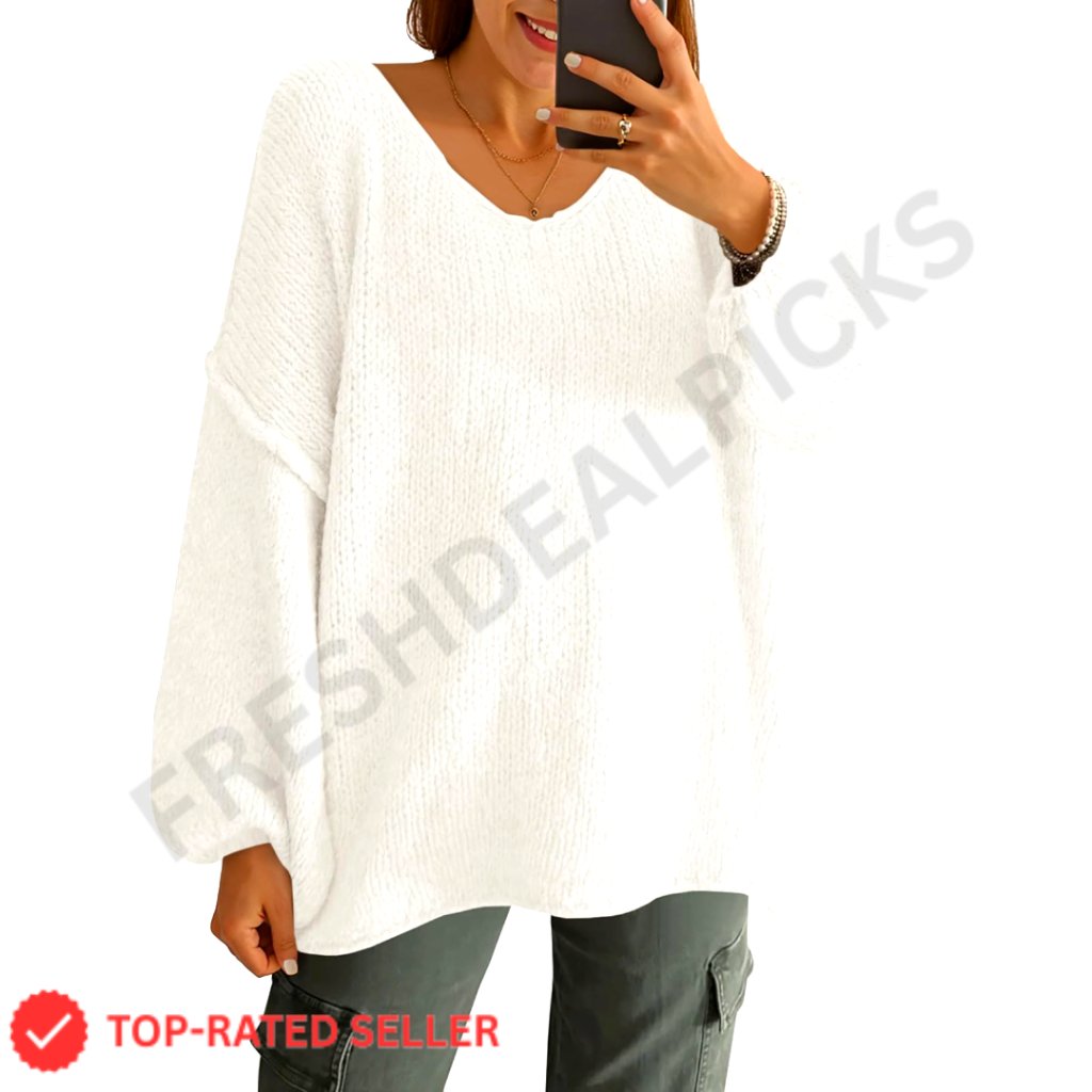 Oversized V-Neck Chunky Knit Sweater Lantern Sleeve Tunic Top